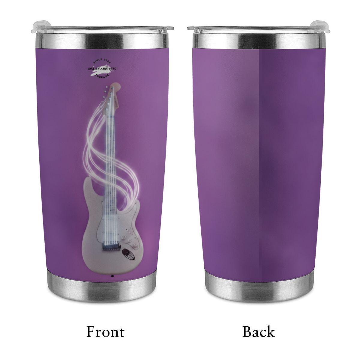 Urban Artistic Cosmic Rockstar 20oz purple travel tumbler with a white guitar motif on front and purple back.