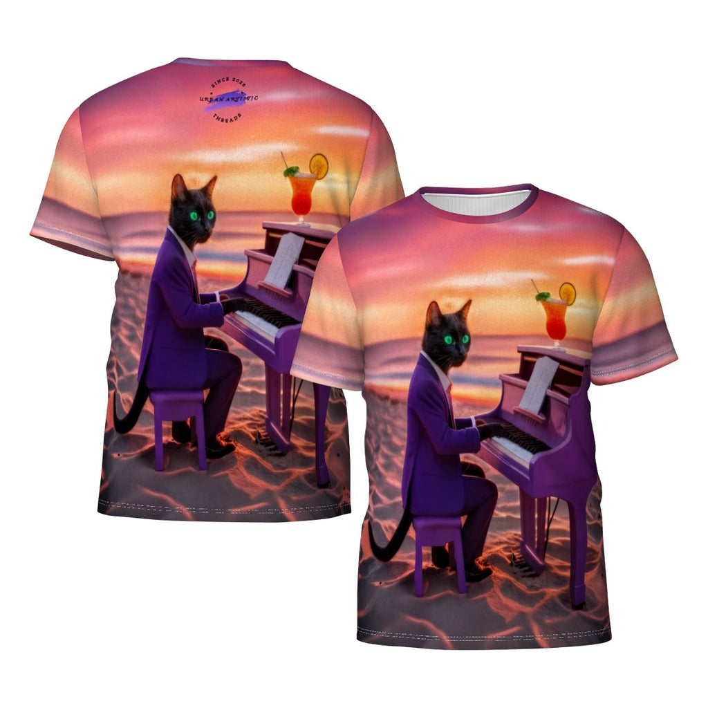 Urban Artistic Threads: Sunset Piano Cat Tee — black cat in a purple suit plays a purple piano on a sunset beach.