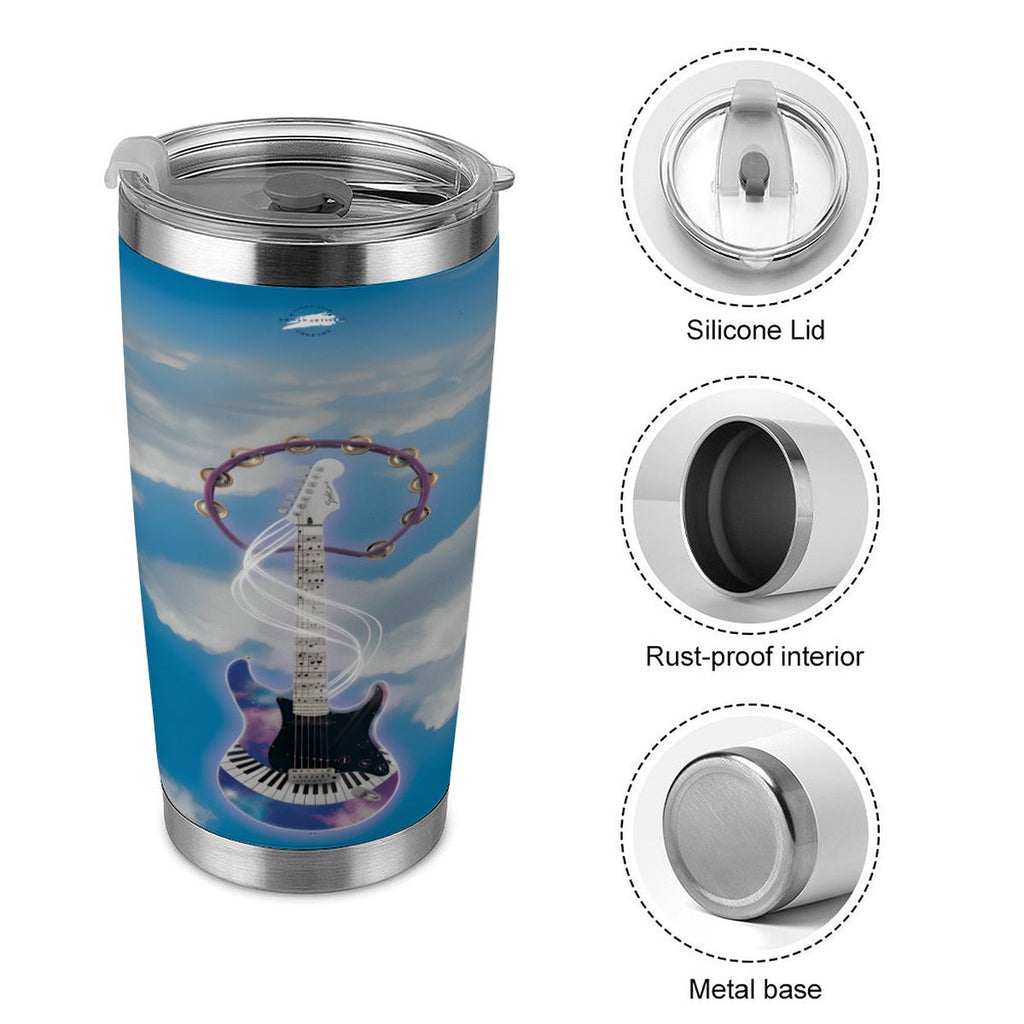 20oz stainless steel travel tumbler with full-wrap fantasy electric guitar graphic, silicone lid, rust-proof interior.