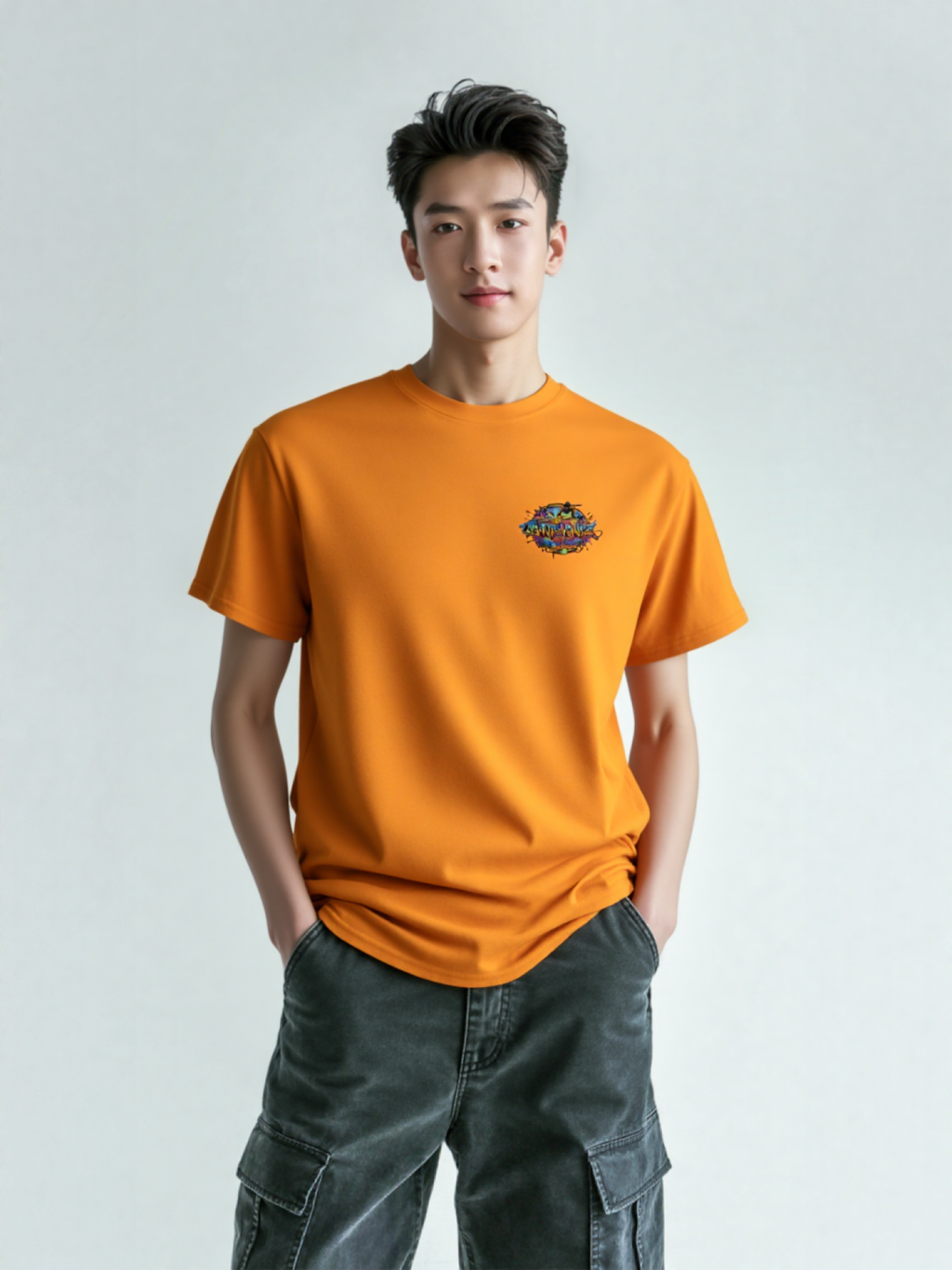 Skate kingz Defiance On Deck skateboard tee worn by a young man in orange with a small chest graphic.