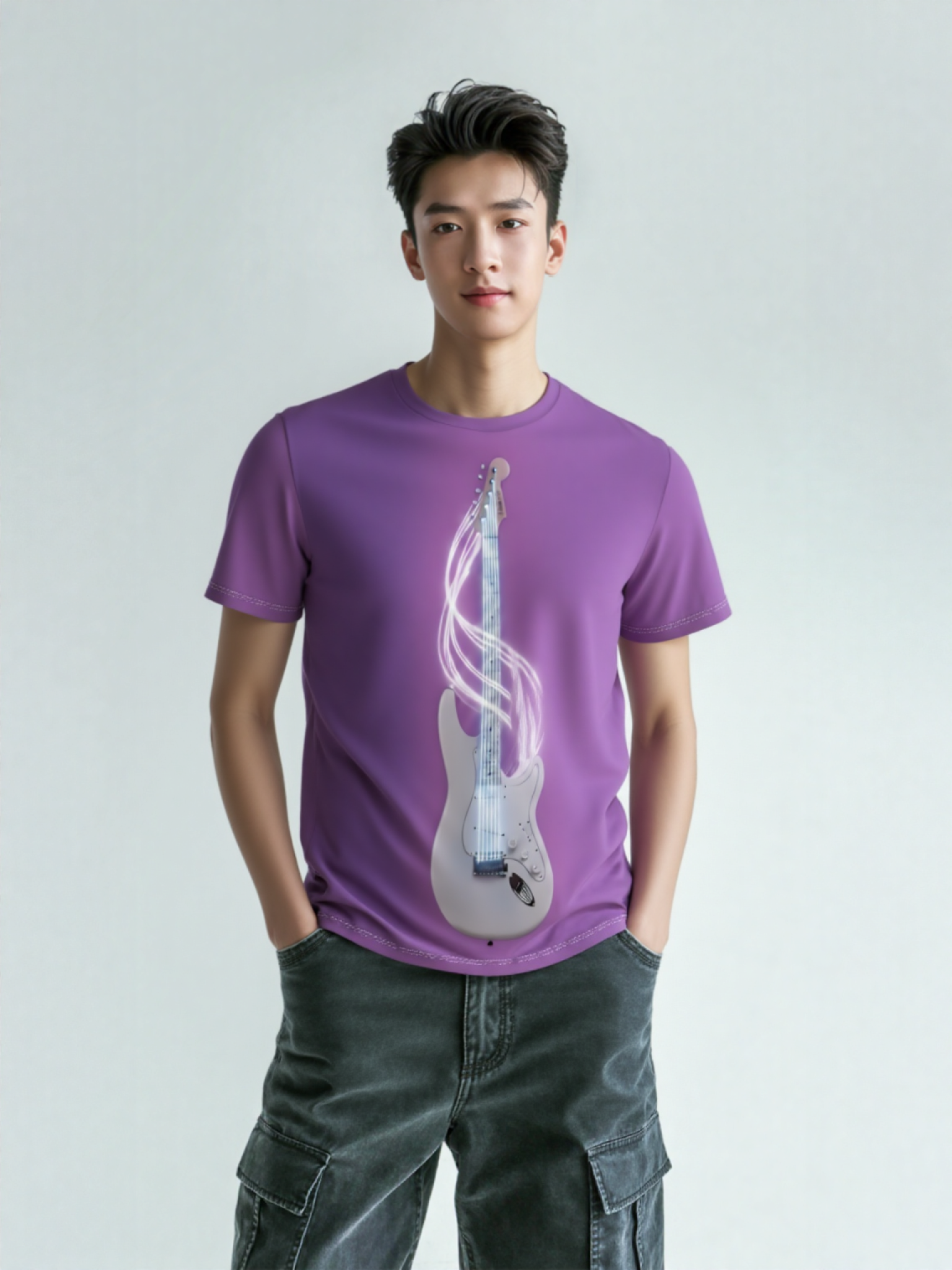 Model wearing Urban Artistic Cosmic Rockstar Tee in purple, featuring a neon electric guitar with cosmic soundwaves