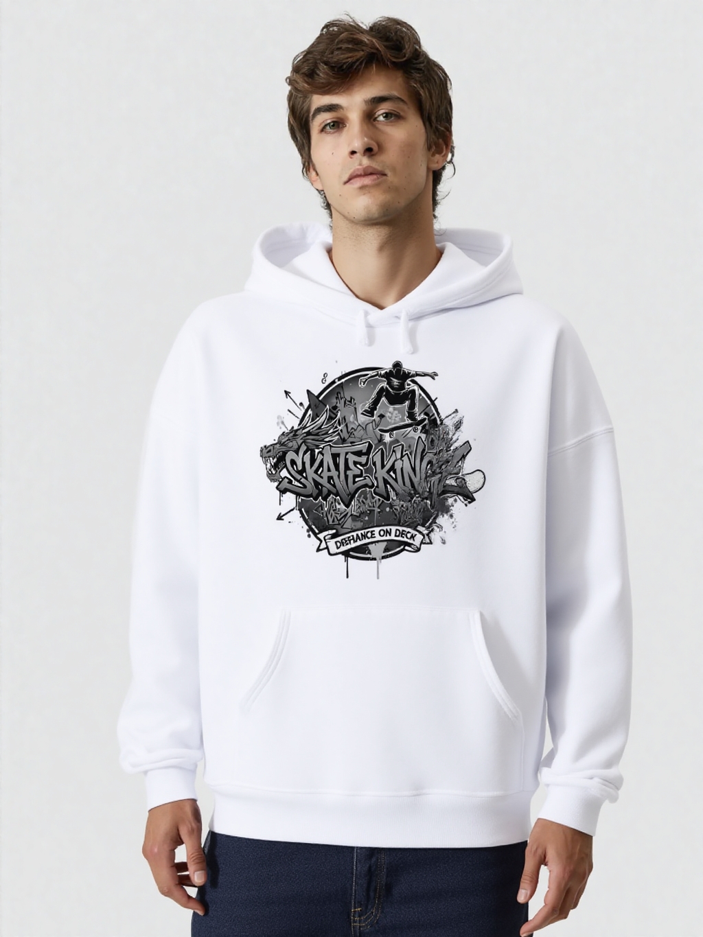 Skatekingz white hoodie with bold black skateboard graphic, streetwear style for skateboarders.