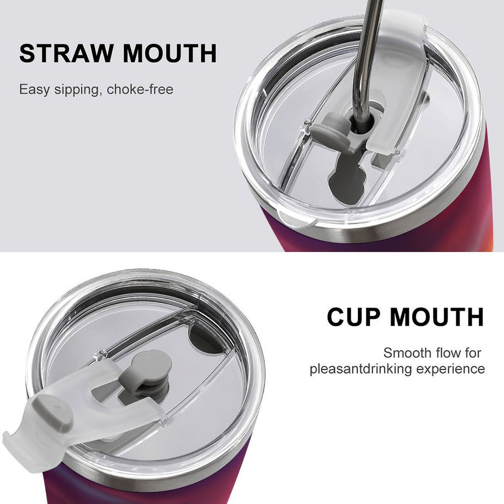 Sunset Piano Cat 20oz stainless steel travel tumbler with full-wrap black cat graphic and straw lid.