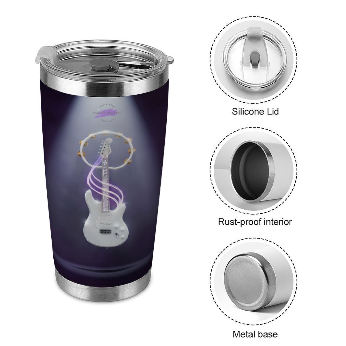 Vibe Master 20oz stainless steel travel tumbler with full-wrap guitar graphic and silicone lid.