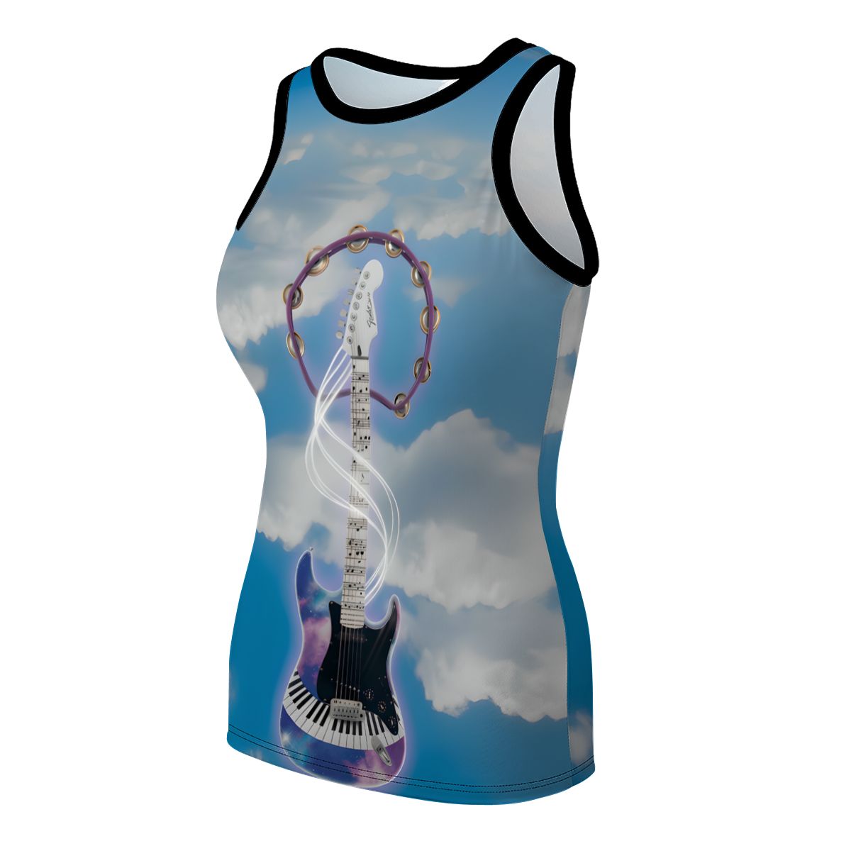 Women's Fantasy Electric Guitar all-over print tank top with blue-sky dreamscape and guitar-piano fusion artwork.