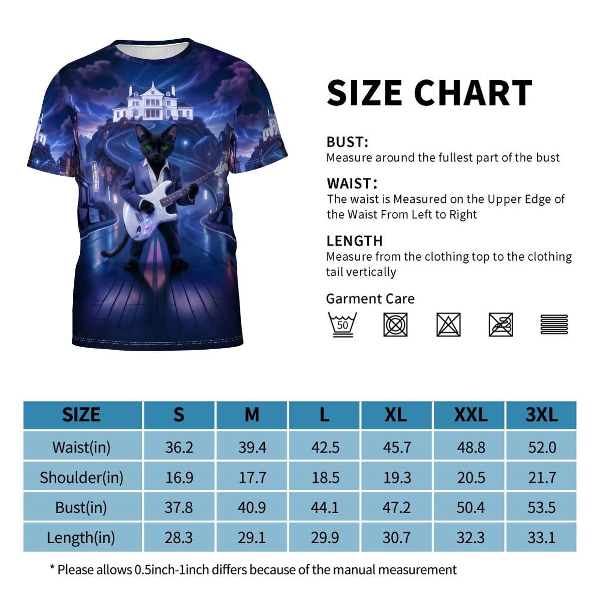 Midnight Rockstar Cat all-over tee: black cat shredding a white guitar against neon city streets.