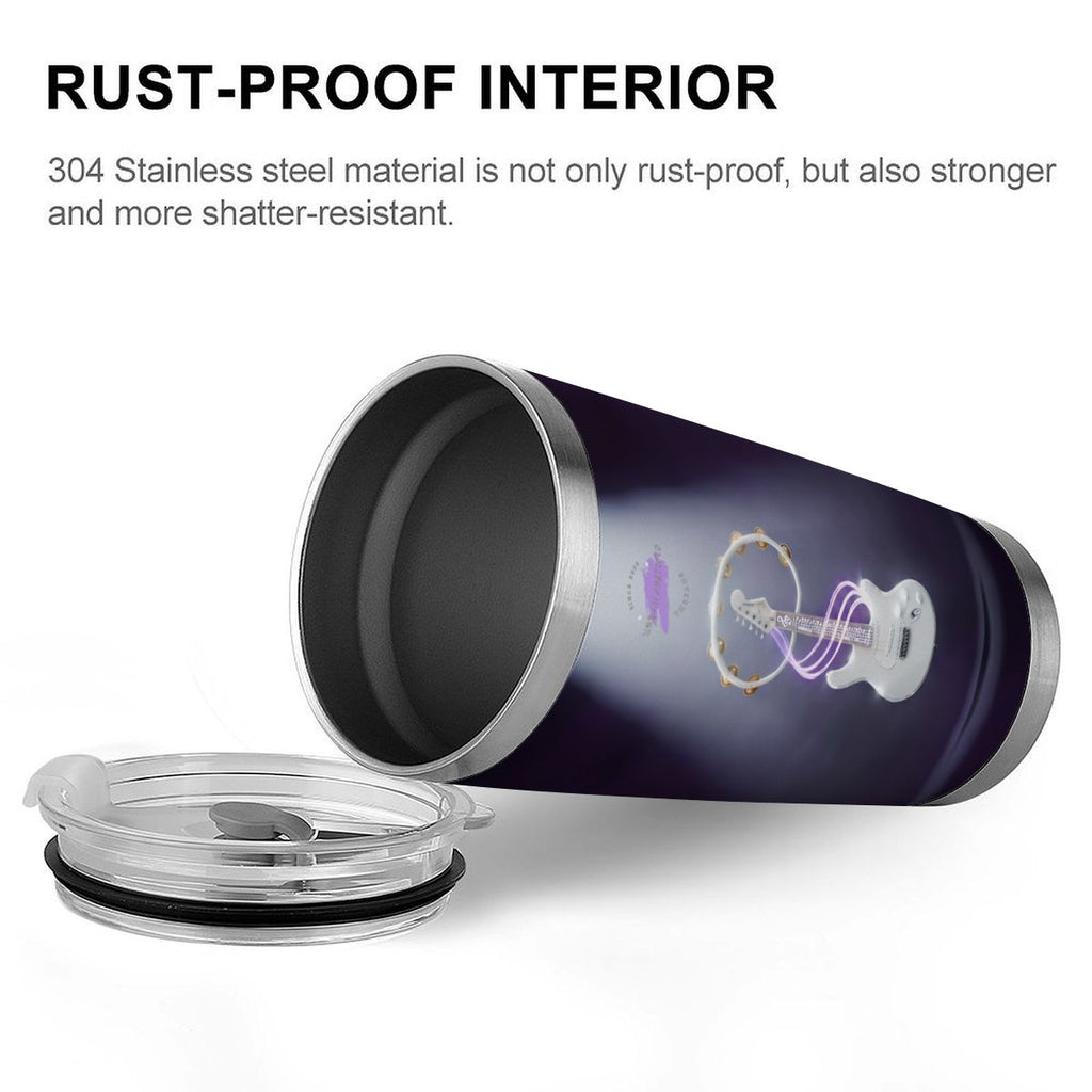 Vibe Master 20oz stainless steel travel tumbler with full-wrap guitar graphic and clear lid.