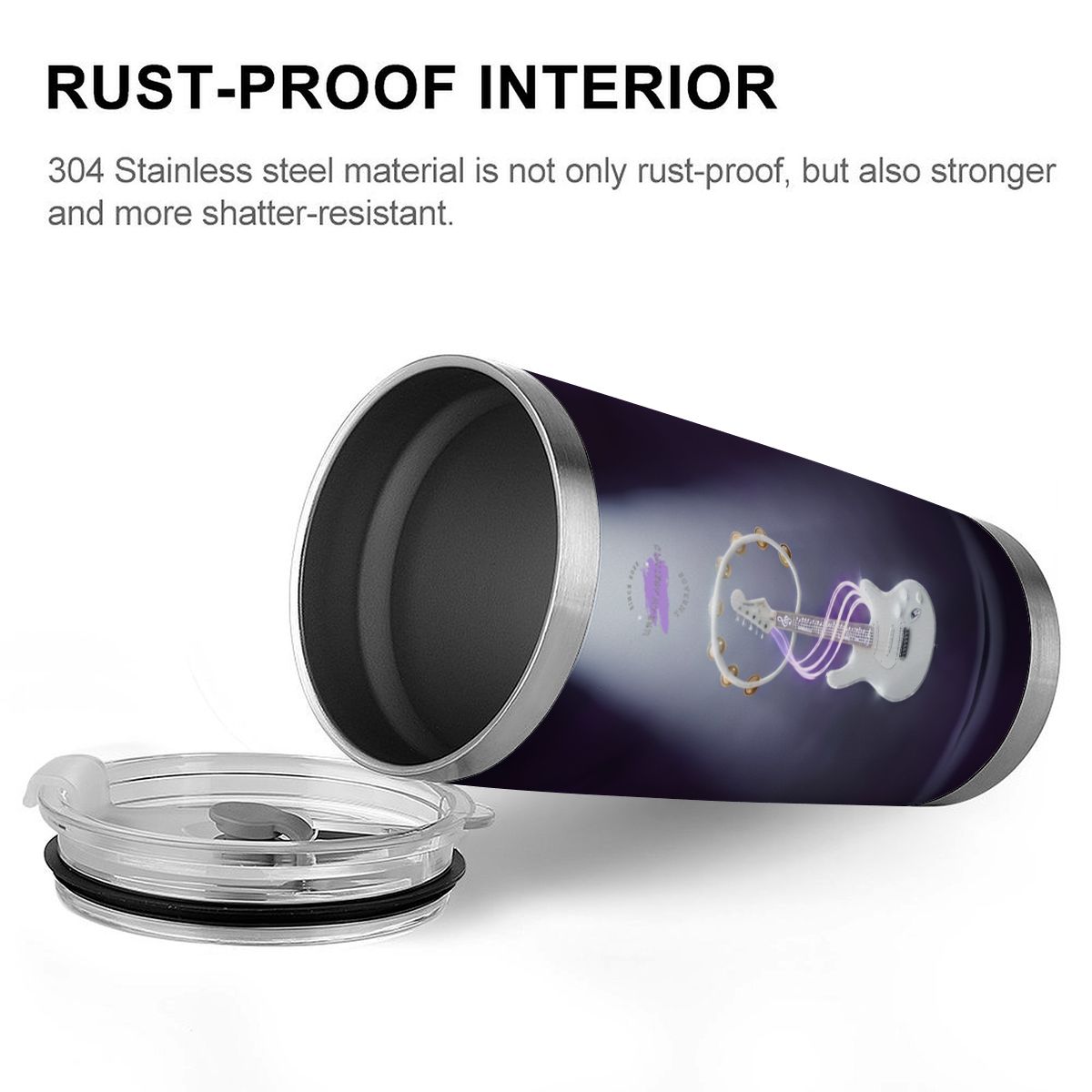 Vibe Master 20oz stainless steel travel tumbler with full-wrap guitar graphic and clear lid.
