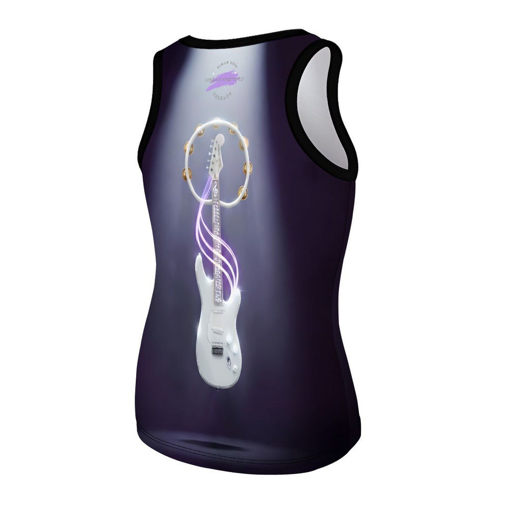 Women's Vibe Master All-Over Print Tank Top with a white electric guitar and neon ribbons on a deep purple backdrop.