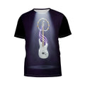 The Vibe Master Music Graphic Shirt features a glowing white electric guitar with neon purple ribbons under spotlight.
