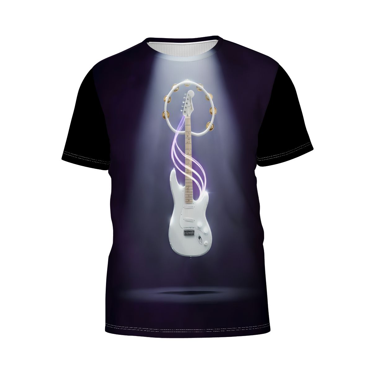 White electric guitar with purple light trails on a dark purple 3D graphic tee.
