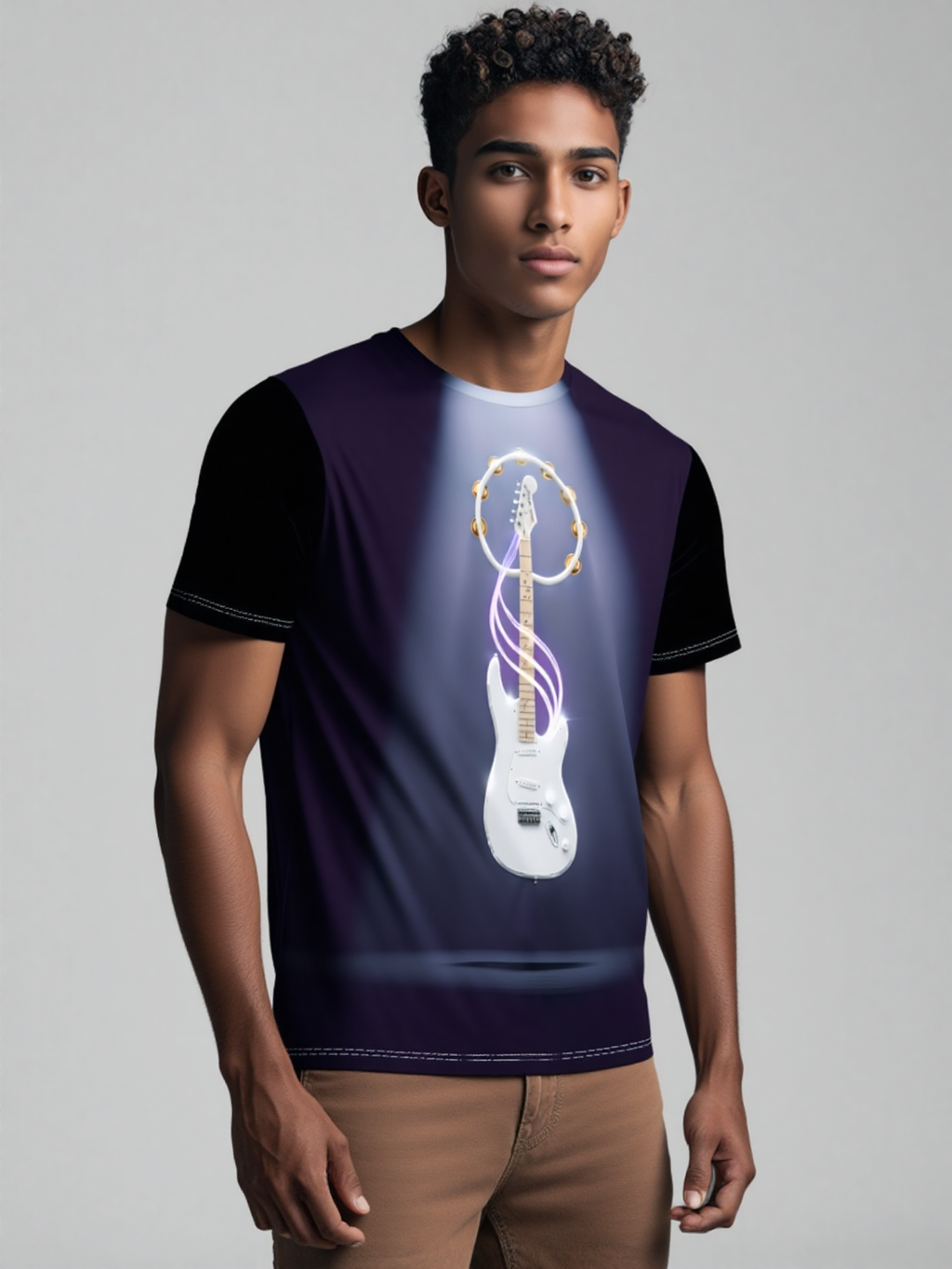 Vibe Master graphic tee featuring Neon Muse electric guitar with glowing purple energy trails.