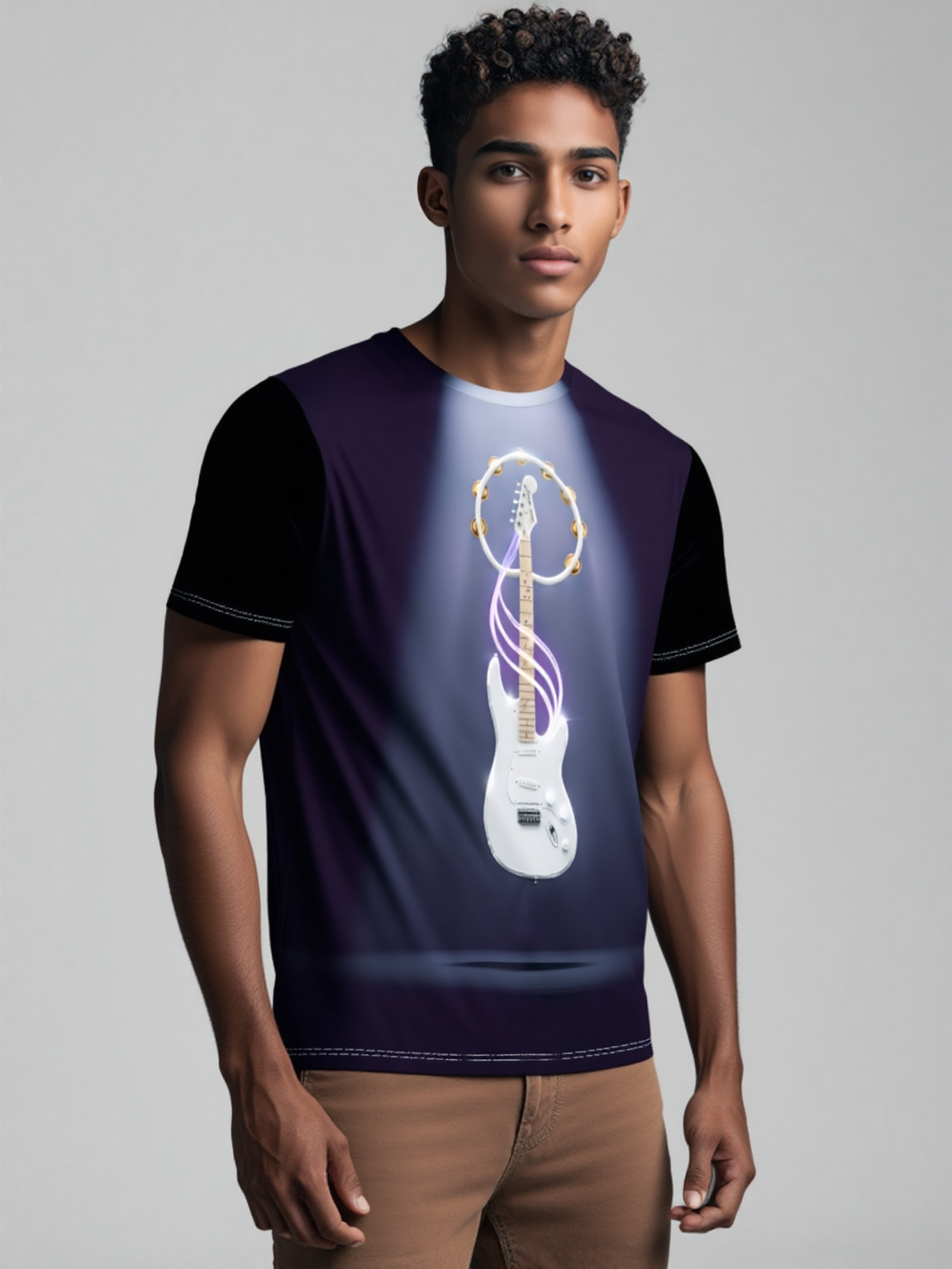 Vibe Master graphic tee featuring Neon Muse electric guitar with glowing purple energy trails.