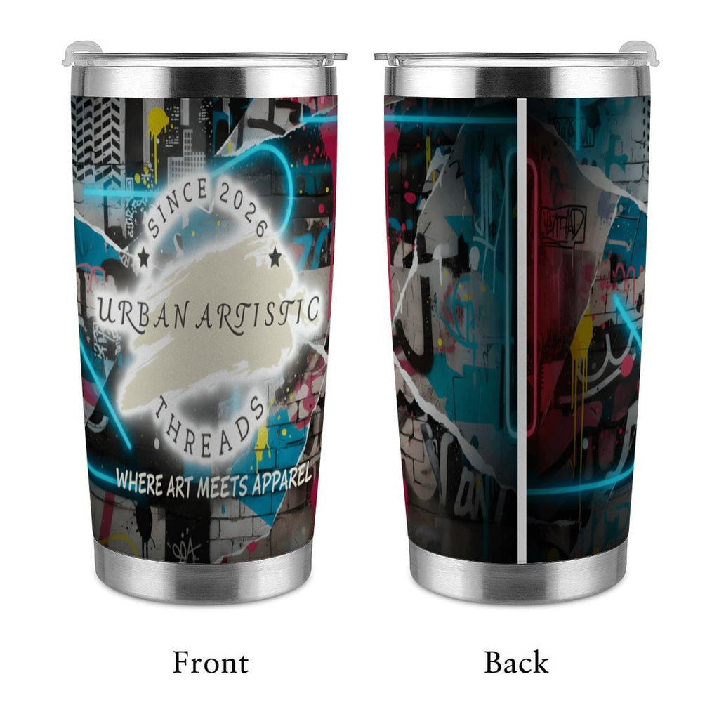 Urban Artistic Threads travel mug with vibrant graffiti art, circular logo, and 'Where Art Meets Apparel' tagline.