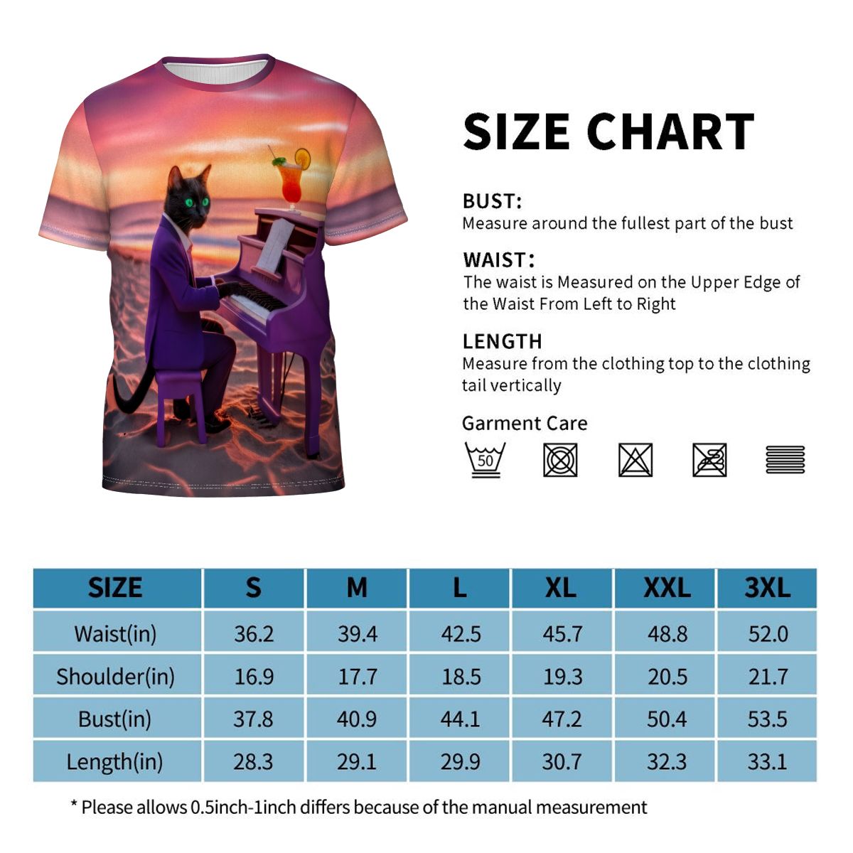 Urban Artistic Threads Sunset Piano Cat Tee: a black cat at a purple piano on a sunset beach.