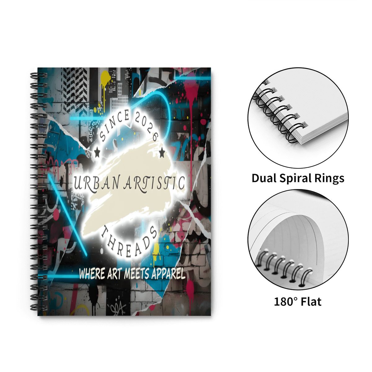 Urban Artistic Threads Signature Spiral Note Pad with graffiti cover, 165 pages, 5.9x8.2 inches, 180° flat