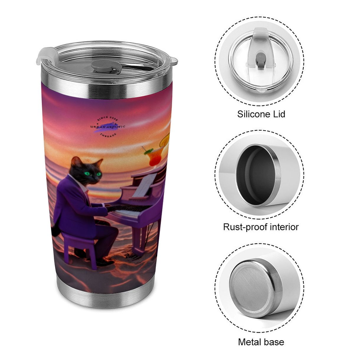 Sunset Piano Cat 20oz stainless steel travel tumbler with a black cat in a purple suit playing piano against a sunset.