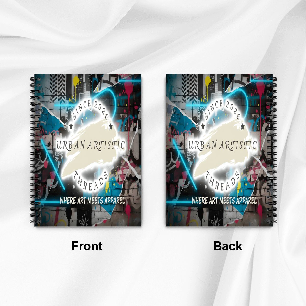 Front and back covers of Urban Artistic Threads Spiral Note Pad with graffiti artwork, 165 pages, 5.9x8.2 inches.