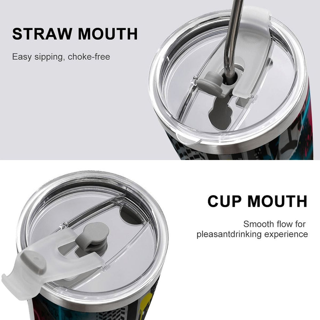 Urban Artistic Threads: Where Art Meets Apparel Travel Mug with straw-mouth lid and vibrant artwork.