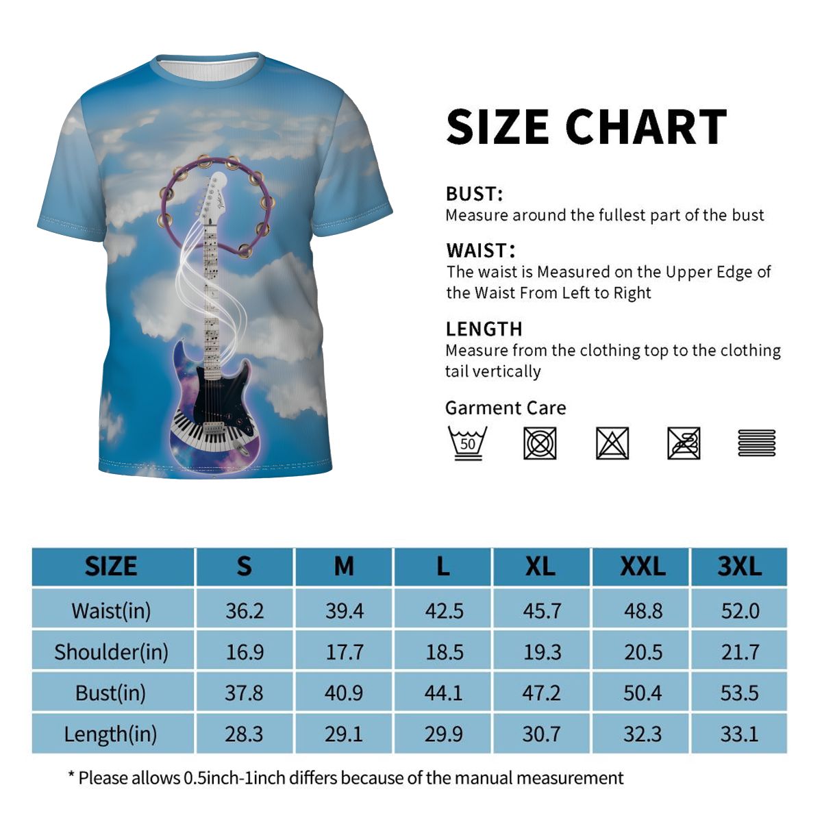 Fantasy Electric Guitar men's tee with all-over sublimation print of a guitar motif on a blue sky cloud background