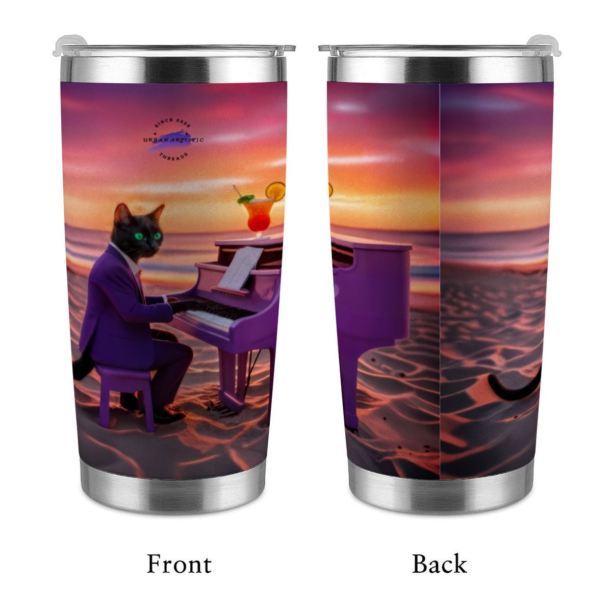 Sunset Piano Cat 20oz stainless steel travel tumbler with a purple-suited black cat playing a piano on a sunset beach.