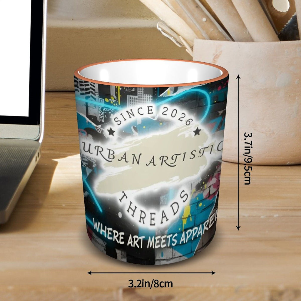 Urban Artistic Threads Graffiti Typography Mug featuring Streetscape urban collage design for desk art.