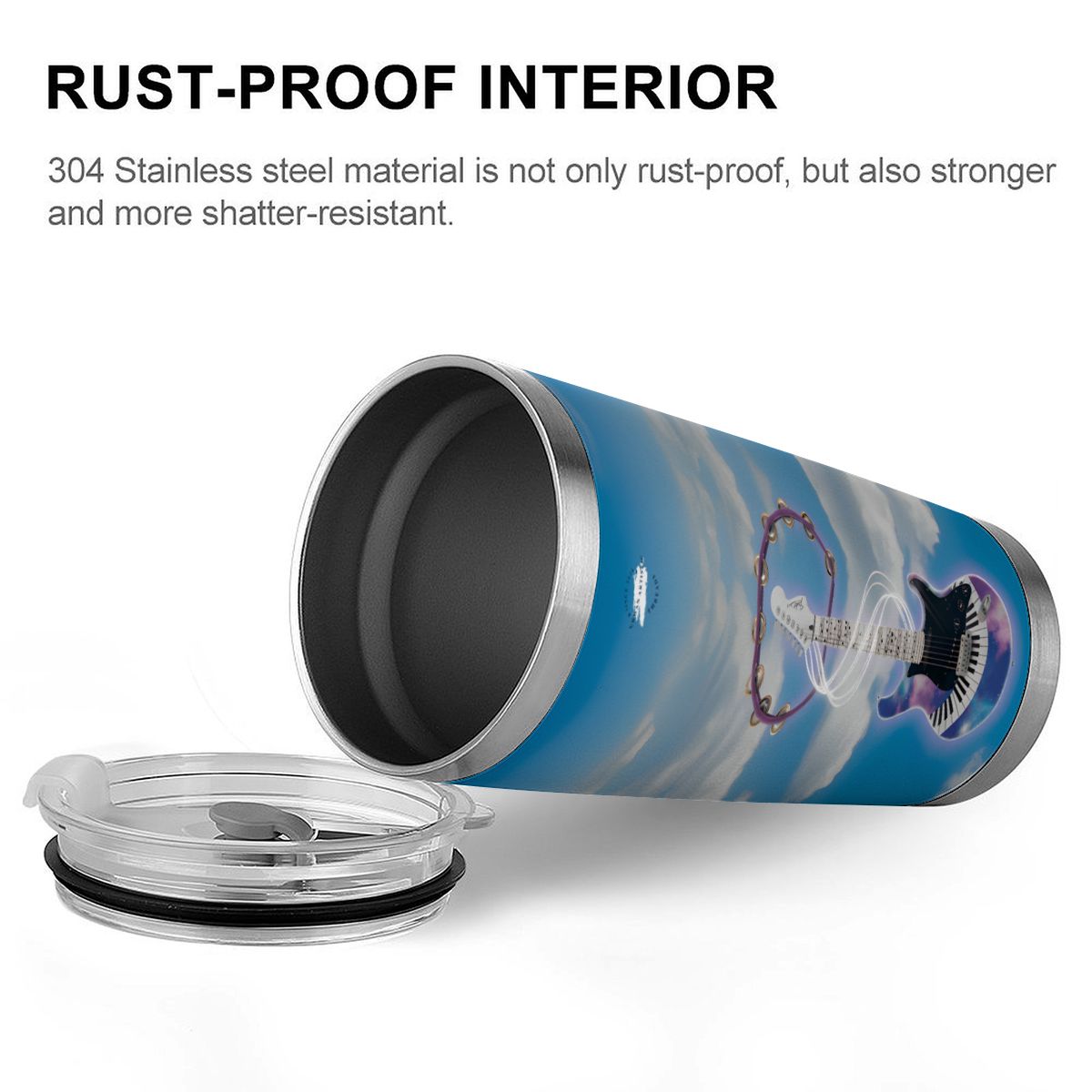 Fantasy Electric Guitar 20oz stainless steel travel tumbler with blue sky wrap design and clear lid