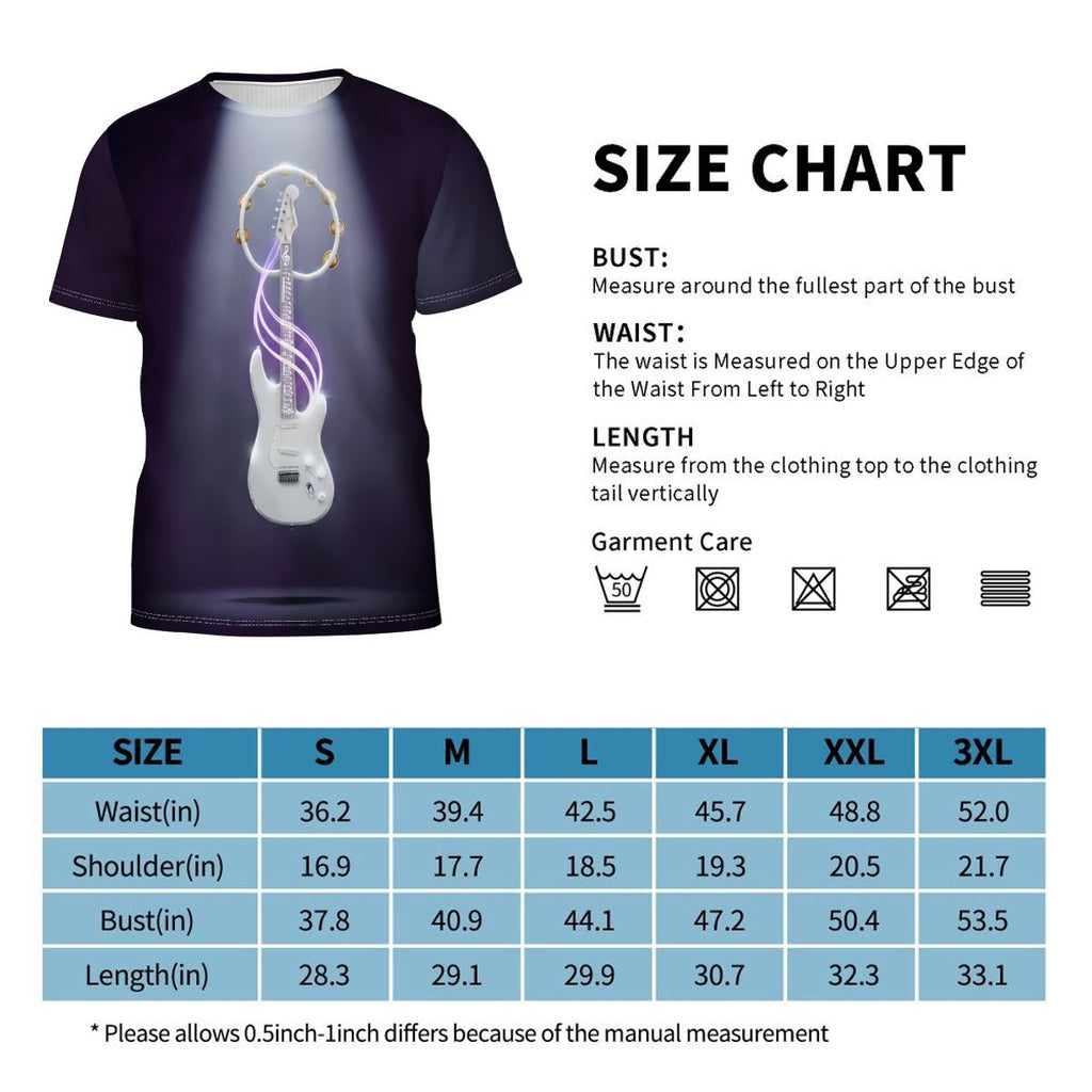 Vibe Master Music Graphic Shirt featuring all-over music notes print and guitar design; polyester-spandex blend.