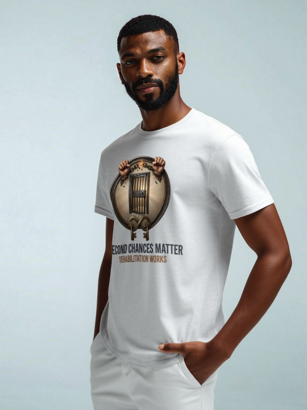 Male model in white Rehabilitation Works unisex tee with circular badge barred door and Second Chances Matter text