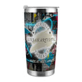 Urban Artistic Threads travel mug featuring graffiti cityscape art and the "Where Art Meets Apparel" slogan.