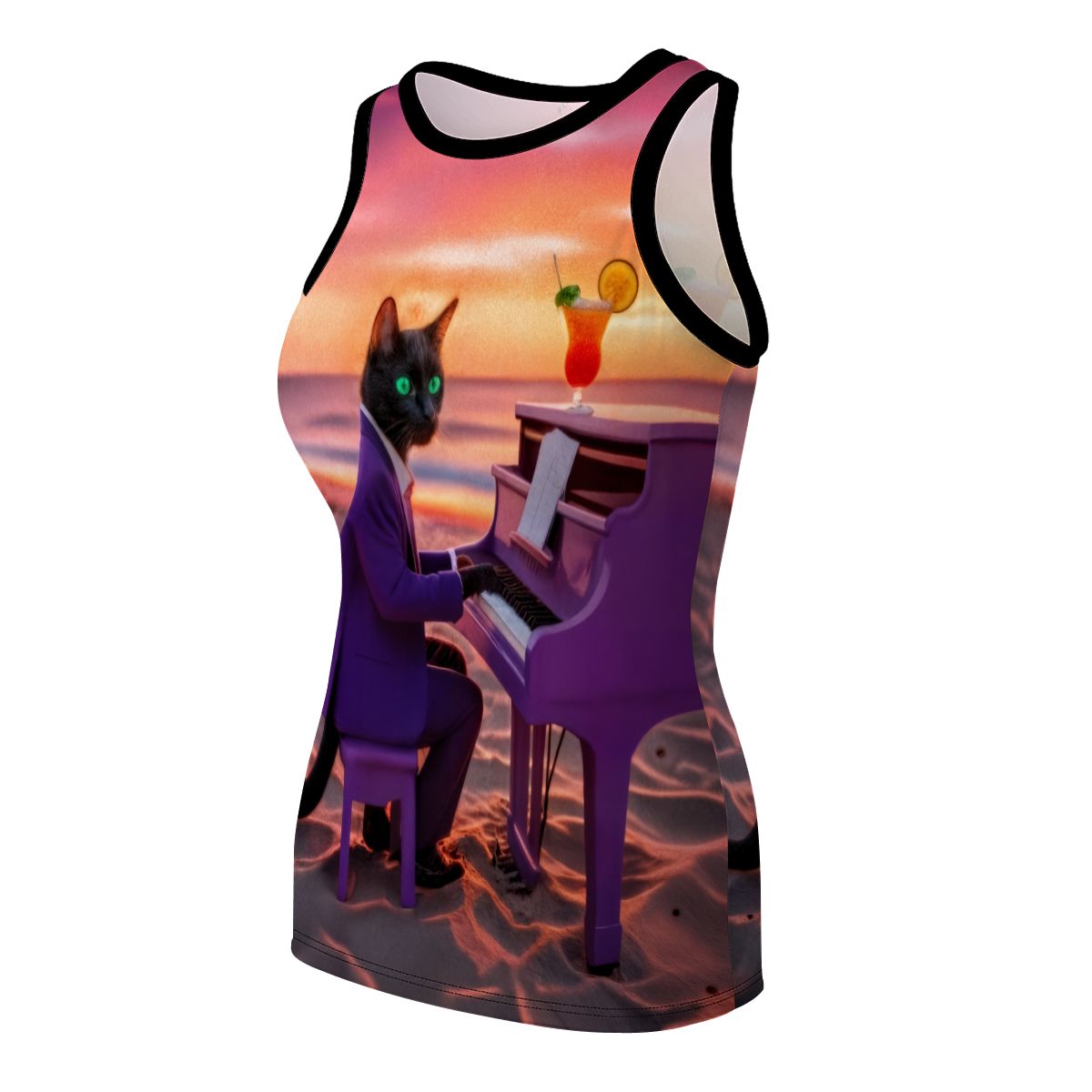 Women's Sunset Piano Cat tank top features a black cat in a purple suit playing a beachside piano at sunset.