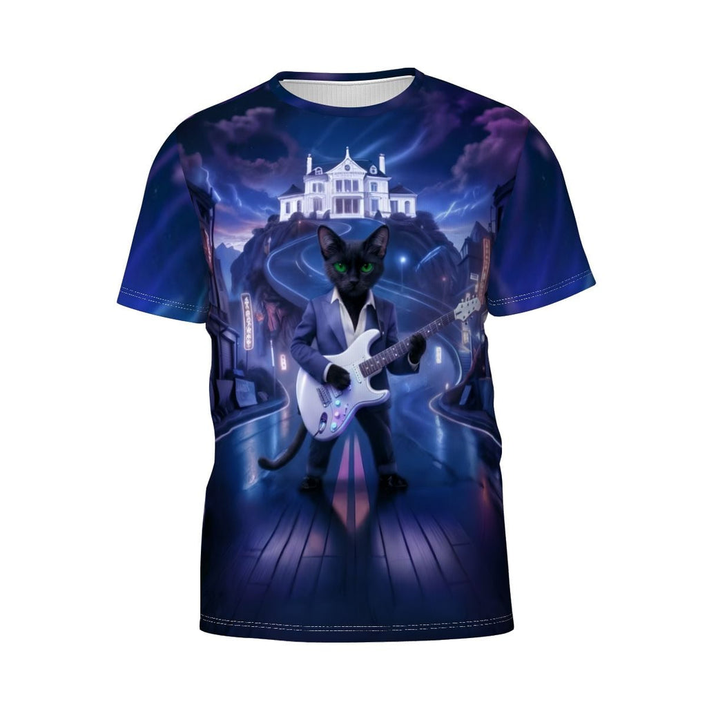 Black cat in a suit playing a white electric guitar on a neon city street with a mansion in the background.