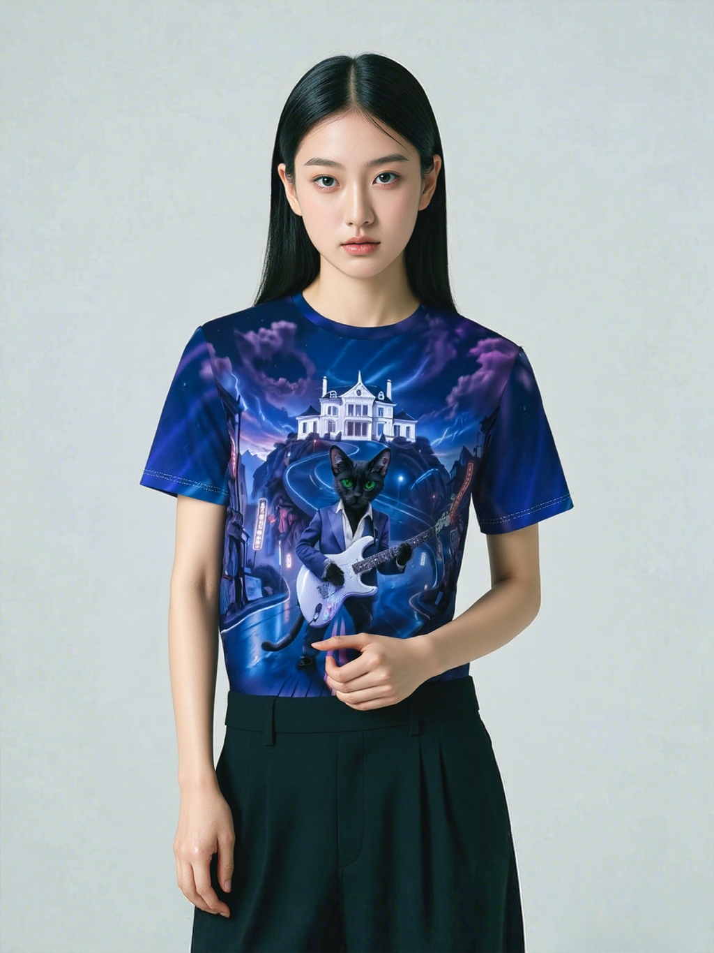 Midnight Rockstar Cat All-Over Print Tee