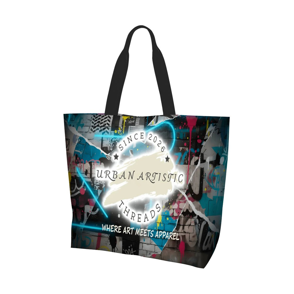 Urban Artistic Graffiti Tote Bag featuring a vibrant street-art mural and black handles.