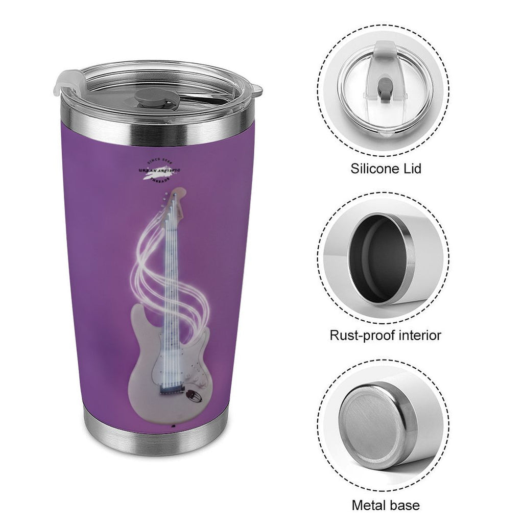 Urban Artistic Cosmic Rockstar 20oz purple travel tumbler with neon guitar artwork and stainless steel accents.