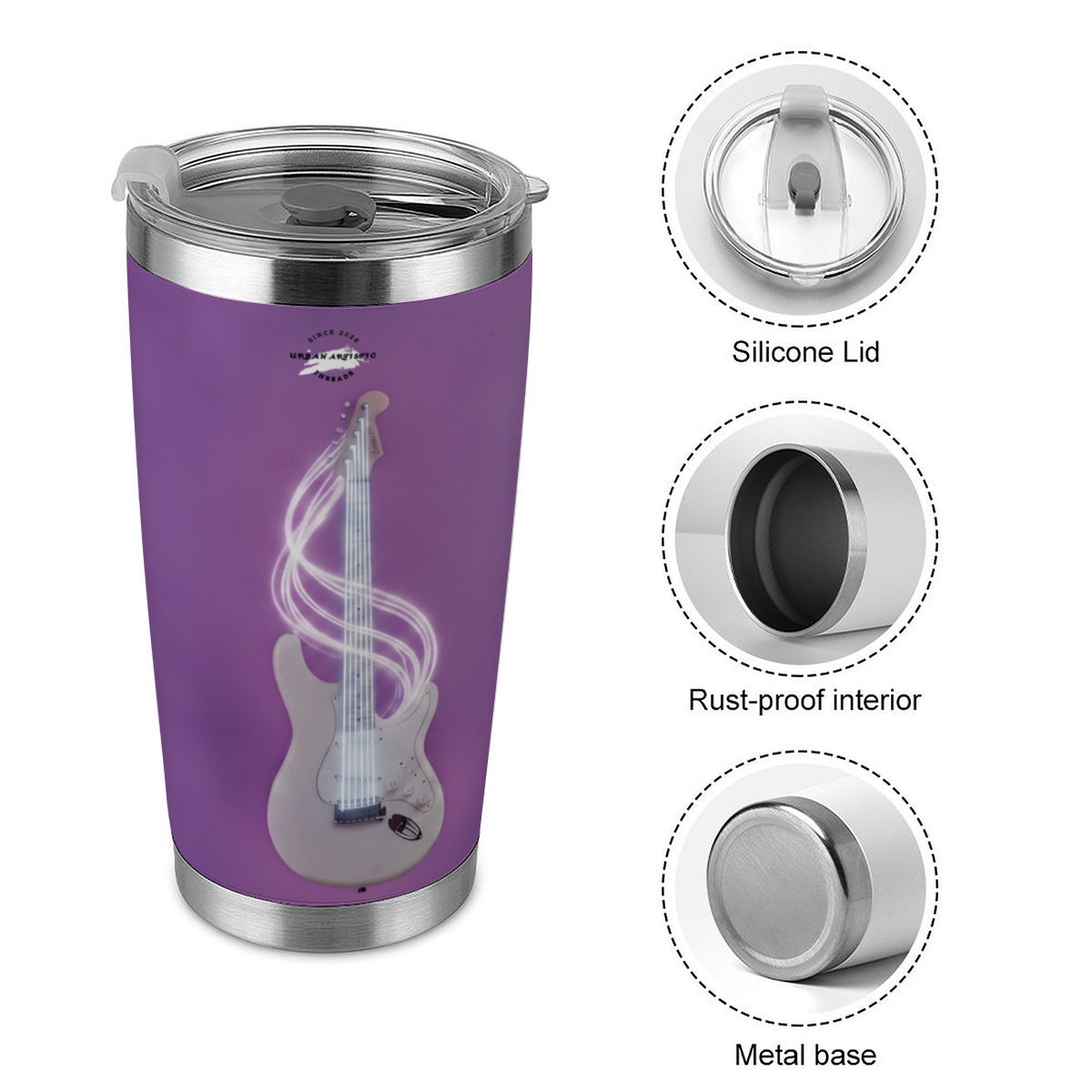 Urban Artistic Cosmic Rockstar 20oz purple travel tumbler with neon guitar artwork and stainless steel accents.