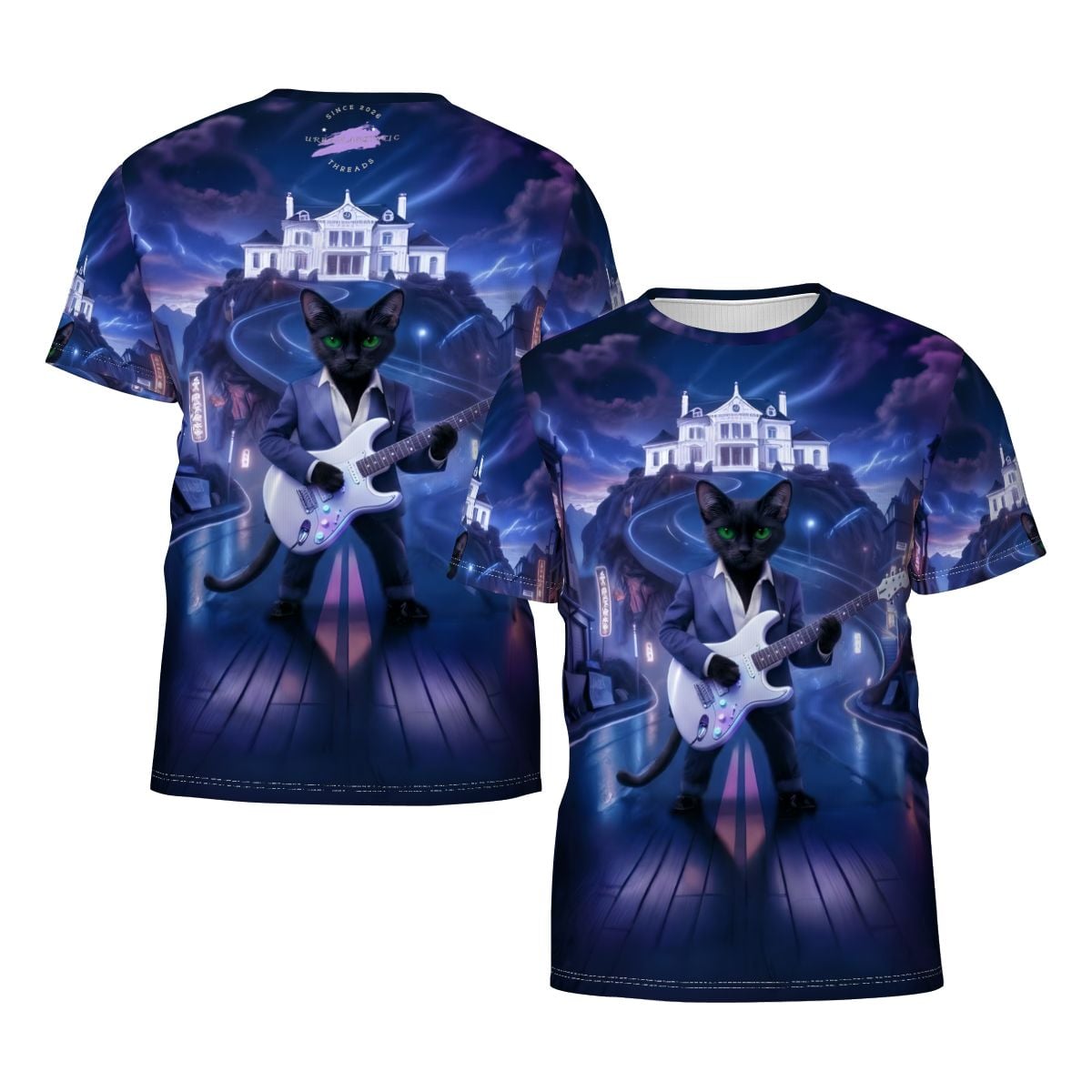 Midnight Rockstar Cat All-Over Print Tee: black cat in a suit shredding a white guitar against a neon cityscape.