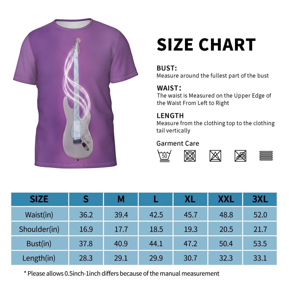 Purple Urban Artistic Cosmic Rockstar Tee with a white electric guitar and glowing neon cosmic soundwaves allover print