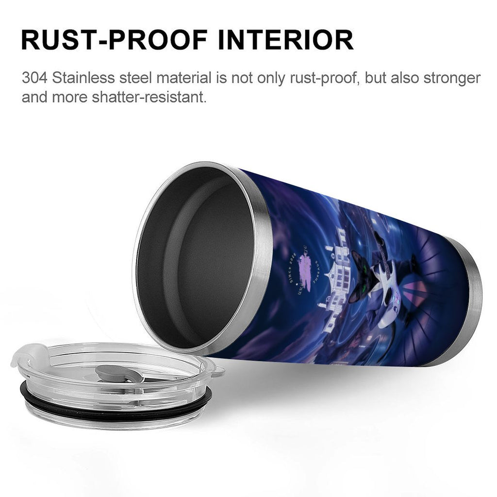 Midnight Rockstar Cat 20oz stainless steel travel tumbler with full-wrap graphic and clear lid.