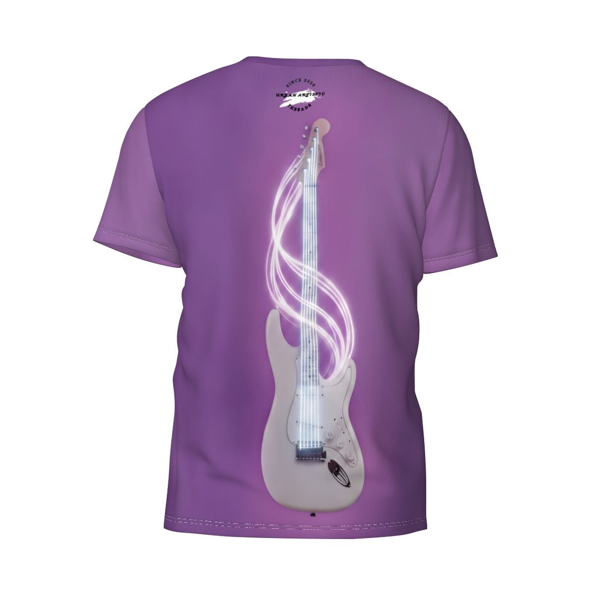 Purple Urban Artistic Cosmic Rockstar Tee featuring a neon-glowing electric guitar with swirling cosmic soundwaves.