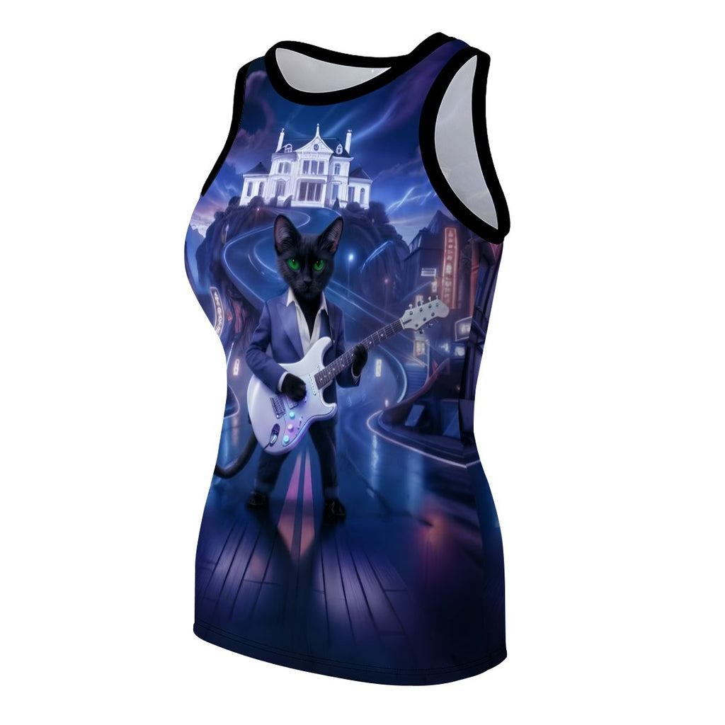 Women's Midnight Rockstar Cat all-over print tank top: black cat guitarist in neon city beside a white mansion.