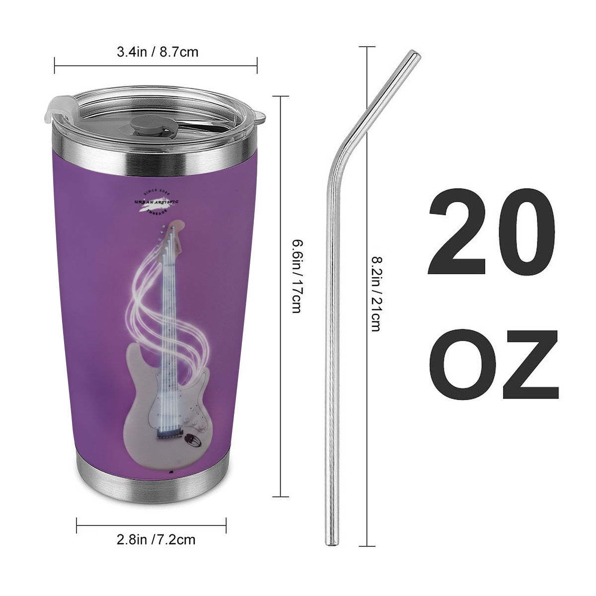 Urban Artistic Cosmic Rockstar 20oz purple travel tumbler with guitar artwork, stainless lid, and metal straw.
