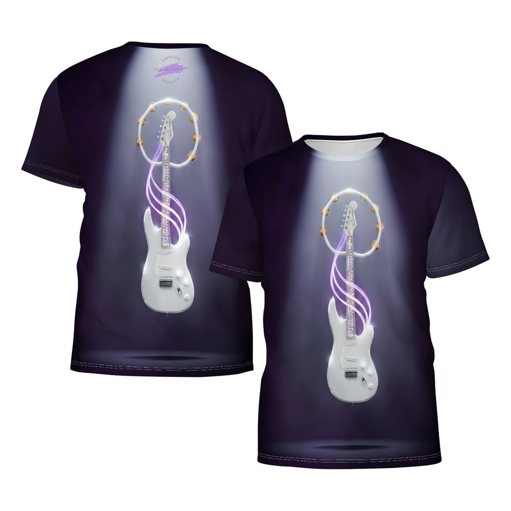 Vibe Master music graphic shirt with white electric guitar and neon purple swirls on a dark backdrop.