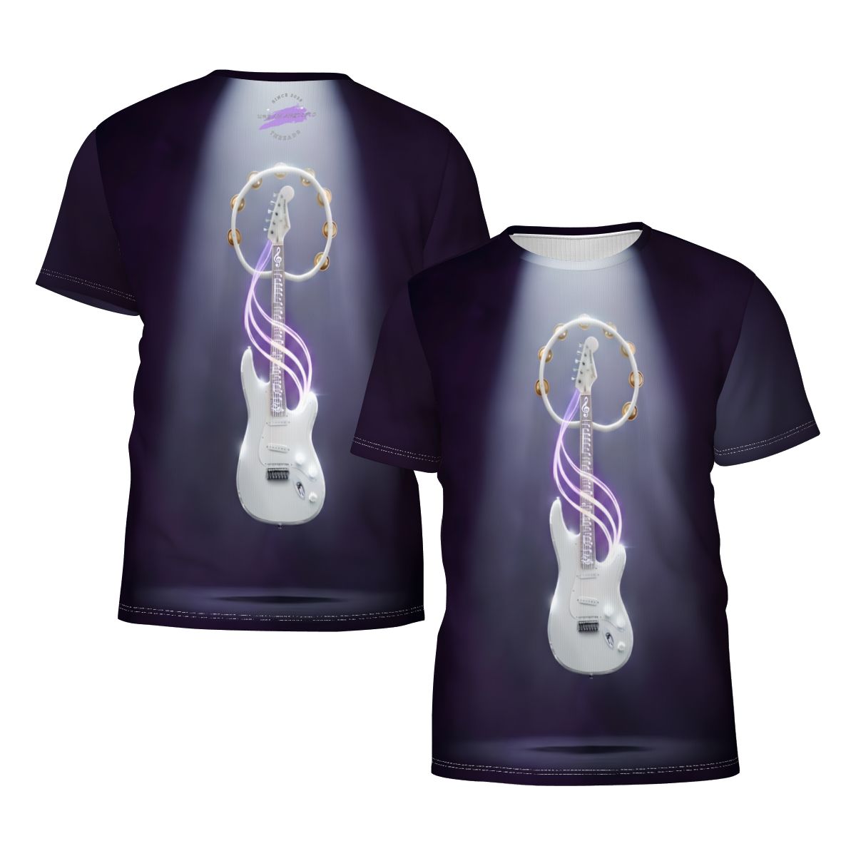 Vibe Master music graphic shirt with white electric guitar and neon purple swirls on a dark backdrop.