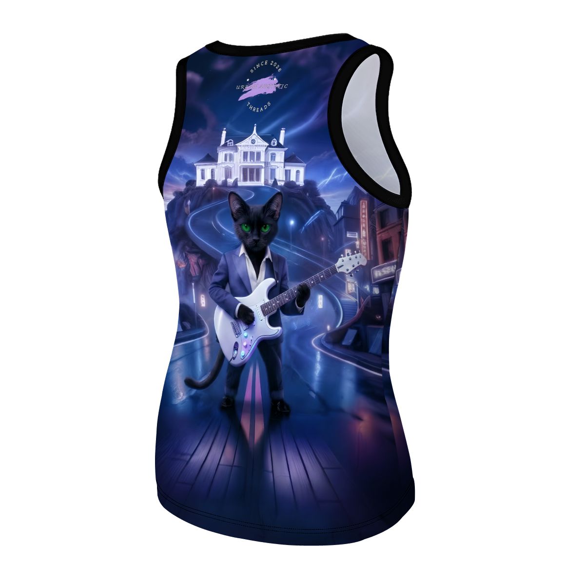 Women's Midnight Rockstar Cat tank top with allover print black cat in a suit playing a white guitar amid streets.