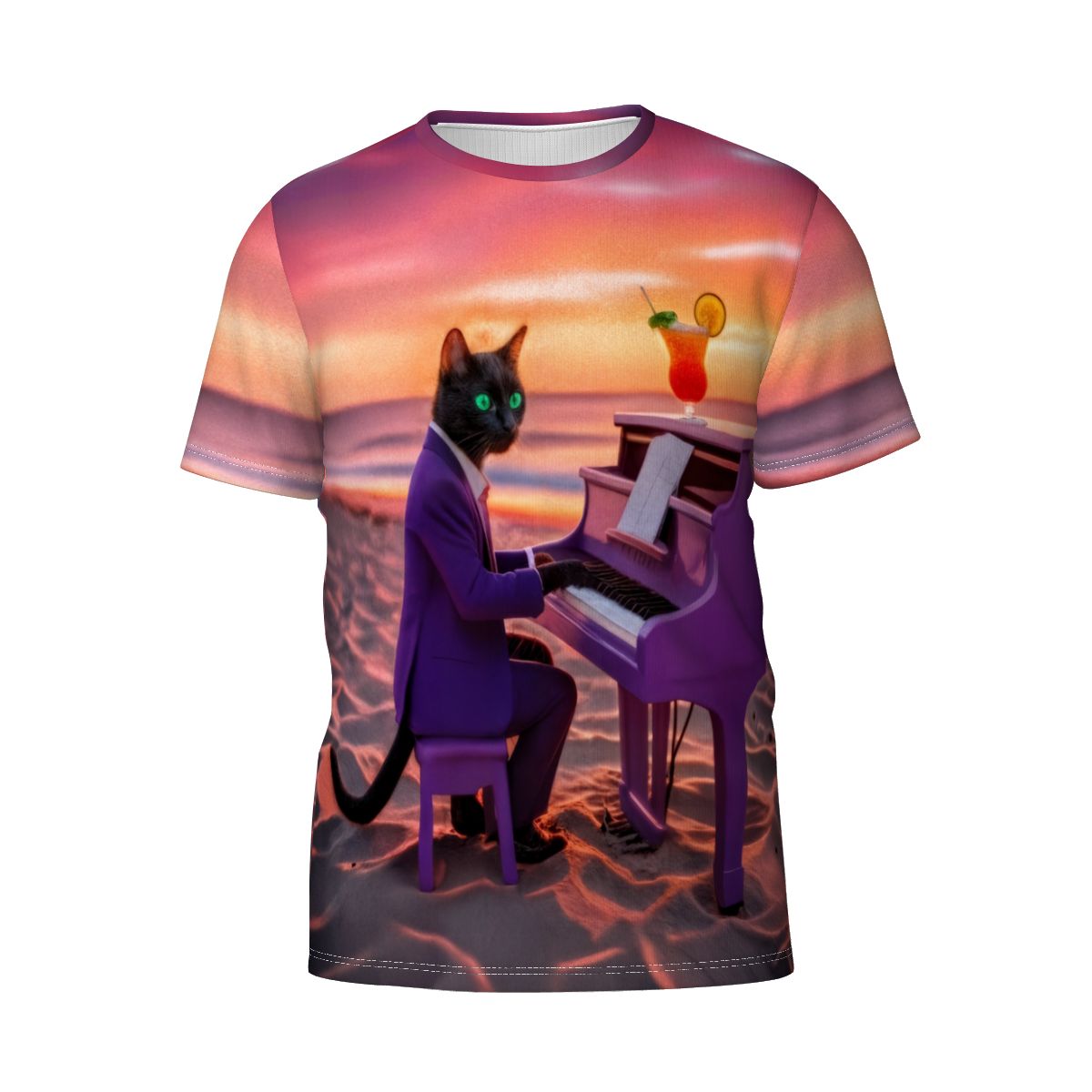 Black cat in a purple suit plays a purple piano on a sunset beach, with a cocktail on the stand.