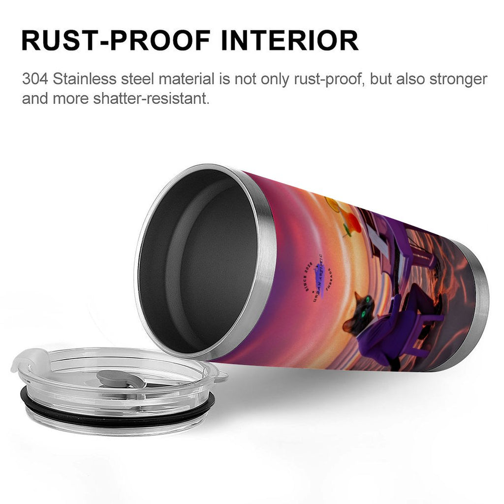 Sunset Piano Cat 20oz stainless steel travel tumbler with a full-wrap surreal street-art cat design