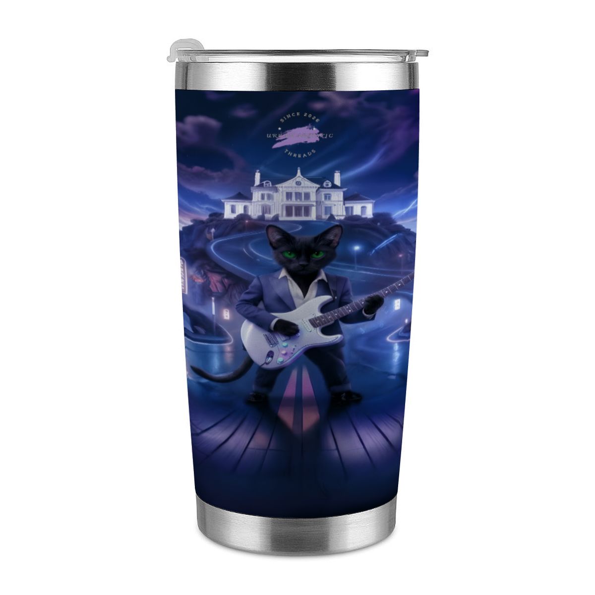 Midnight Rockstar Cat 20oz stainless travel tumbler with full-wrap, black cat guitarist in a blue night near a mansion.