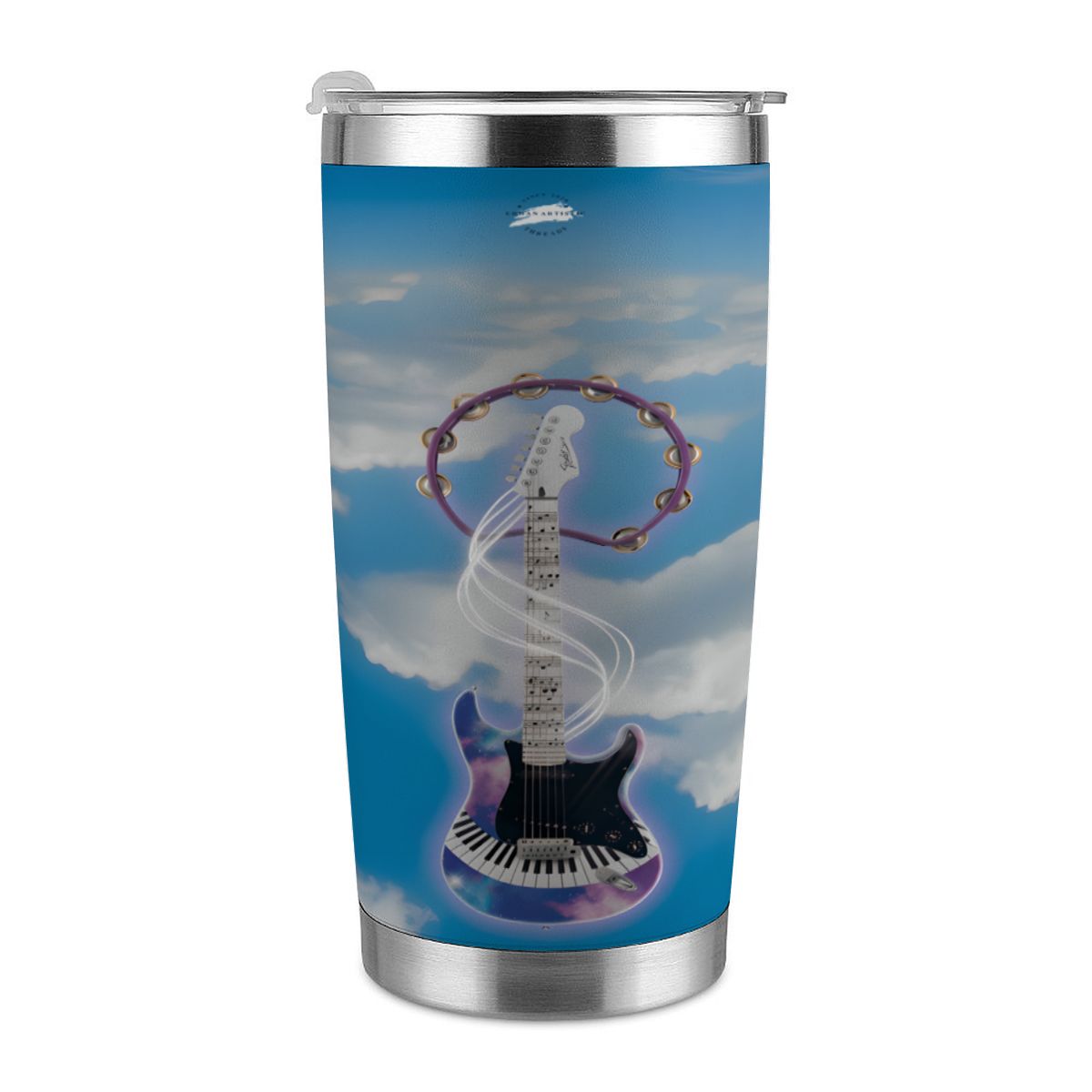 Fantasy Electric Guitar stainless steel travel tumbler 20oz with full-wrap blue sky guitar and piano-key design.