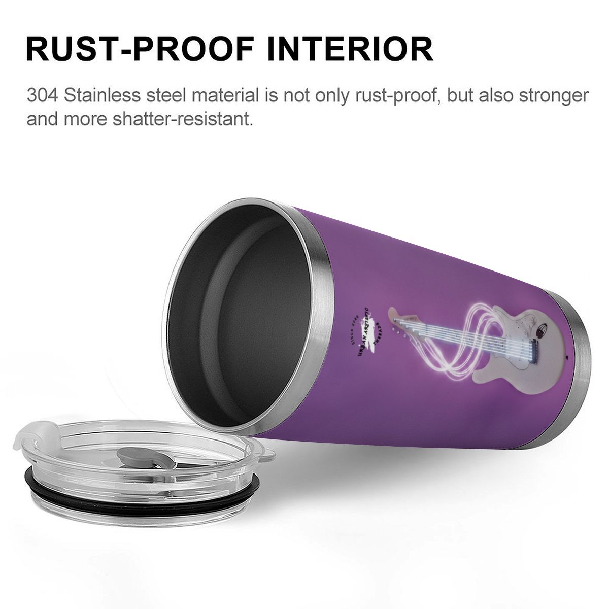20oz purple travel tumbler with stainless rim, guitar glow graphic, and clear lid, Urban Artistic Cosmic Rockstar.